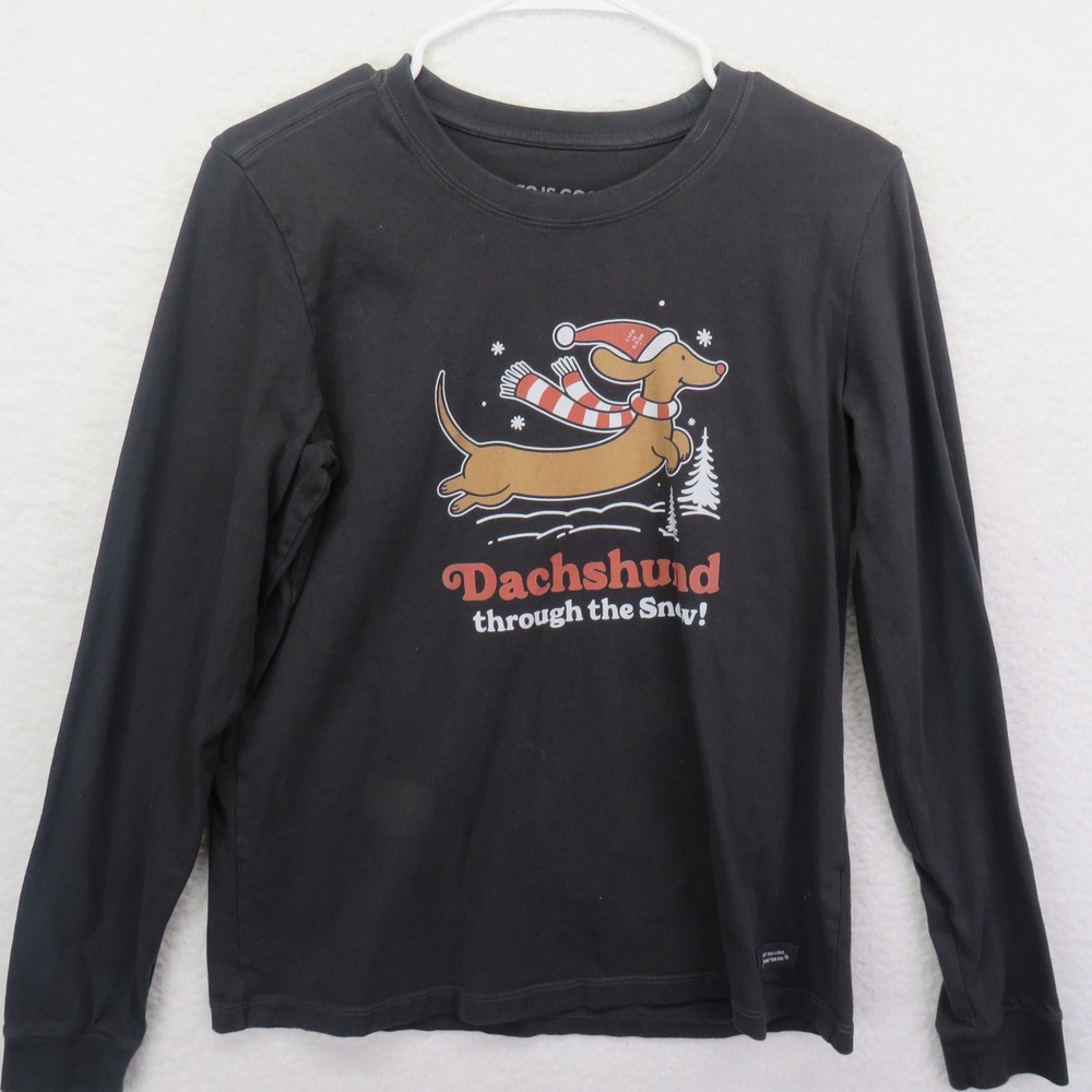Life is Good Womens Crusher Tee M Black Dachshund Through the Snow Long Sleeve